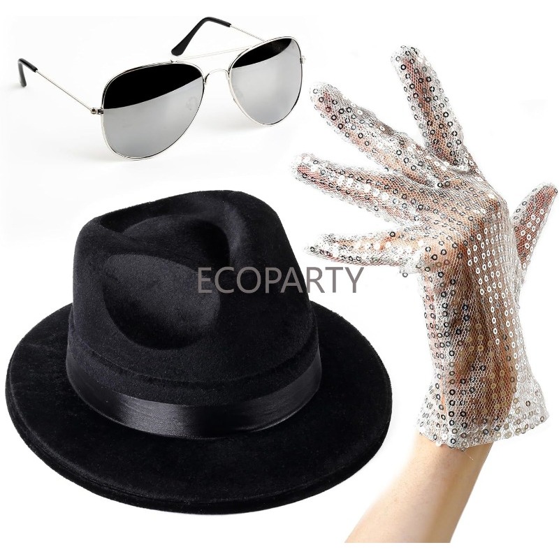 Men'S Accessories In The 80S - ポップキングジャクソンコスチュームアクセサリーM-Jスパンコール手袋、ブラックフェドーラハット、サングラス、80年代をテーマにしたハロウィーンコスプレパーティー用