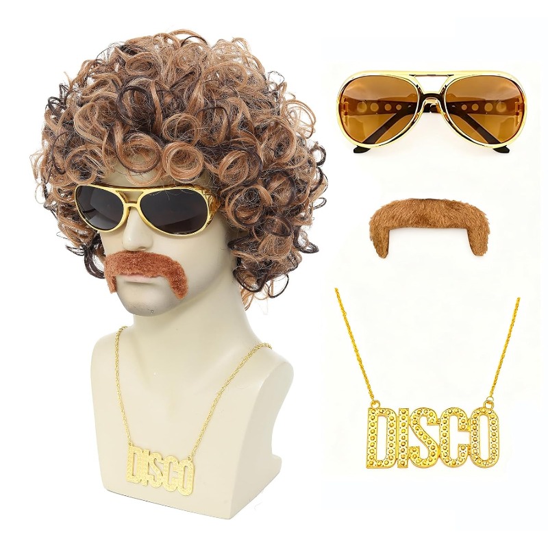 Men'S Accessories In The 80S - 70年代80年代ディスココスチュームウィッグセット-アフロカーリーウィッグ、口ひげ、サングラス、ディスコネックレス付き、ハロウィンパーティーコスプレ衣装アクセサリー