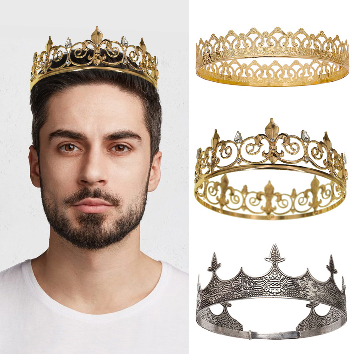 Men Accessories For Party - ロイヤルキングクイーンクラウン男性/女性用メタルプリンスクラウンとティアラフルラウンド誕生日パーティー帽子コスチュームアクセサリー