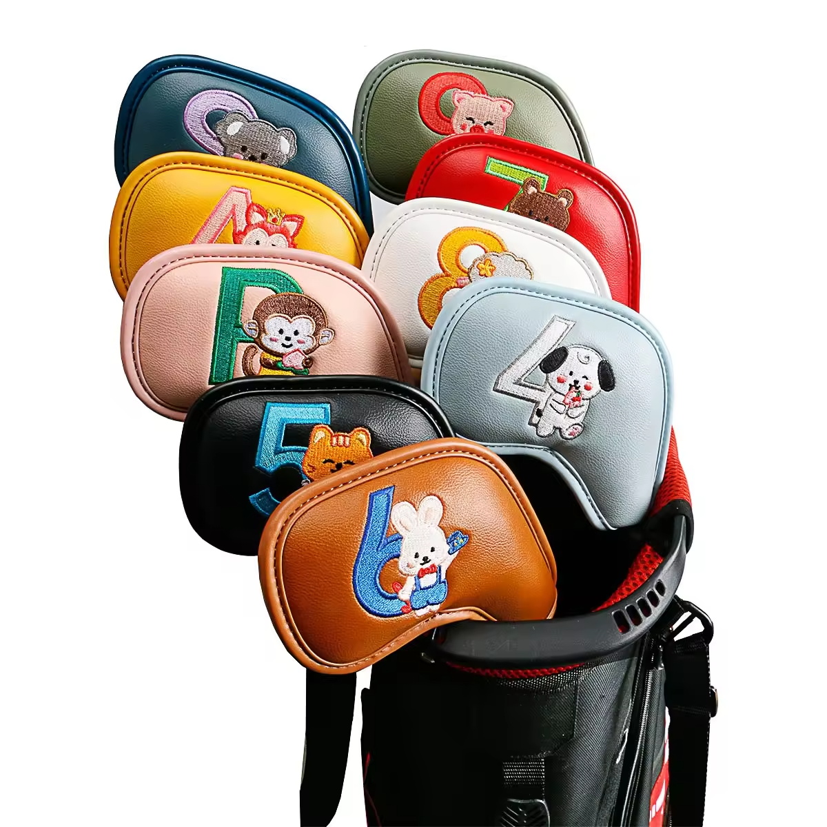 Men Accessories Style - 9個入りのかわいい漫画風動物ゴルフアイアンヘッドカバー、PUレザー刺繍クラブプロテクター、男性女性ゴルファーへのゴルフアクセサリーギフト