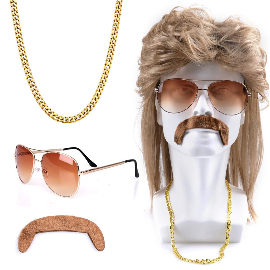 80年代ディスコ合成ウィッグセット ゴールデンブラウンウィッ - Men'S Accessories In The 80S のレビューと価格