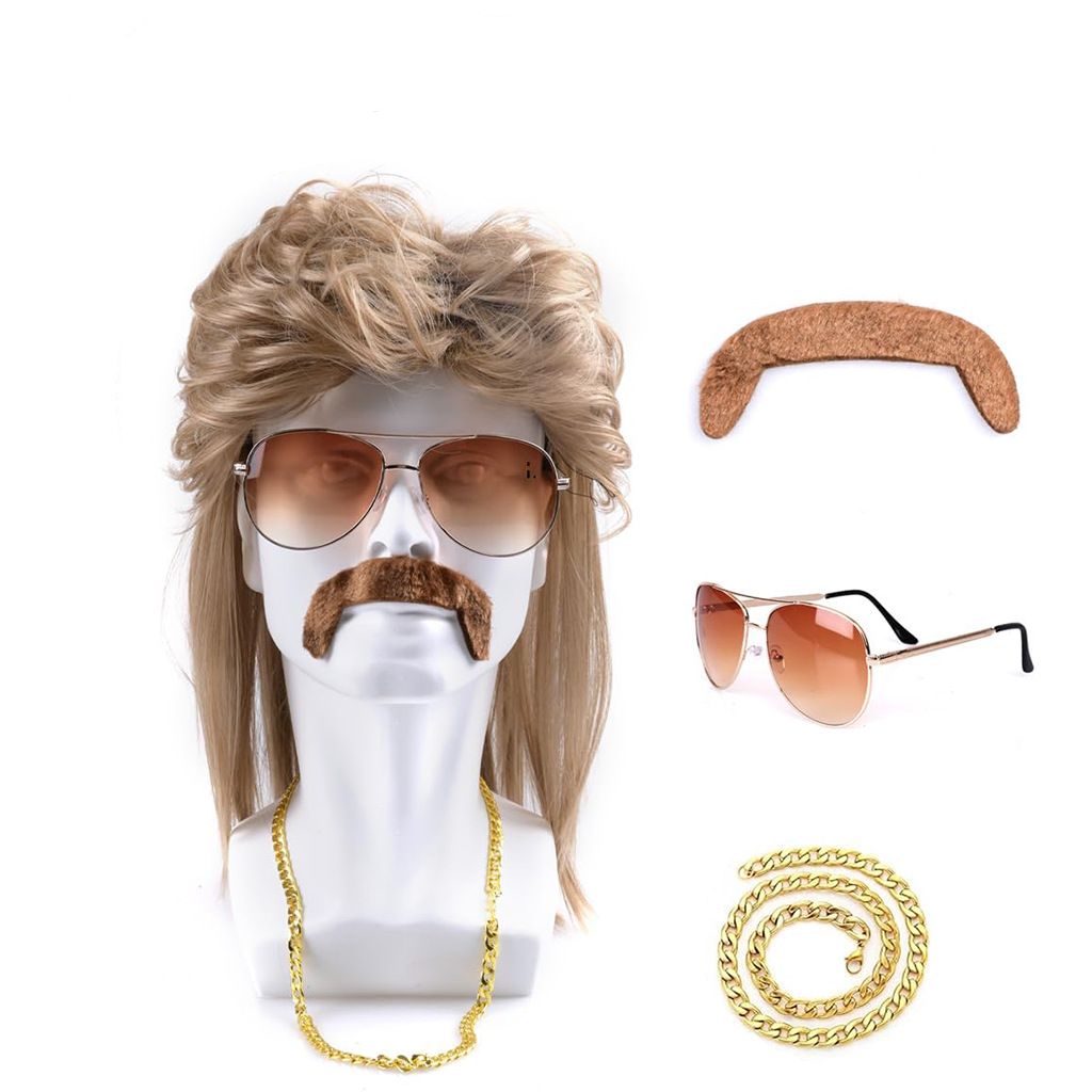 80年代ディスコ合成ウィッグセット ゴールデンブラウンウィッ - Men'S Accessories In The 80S のレビューと価格